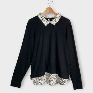 J Crew Sweater Black Womans XL Animal Print Faux Shirt Lightweight 100% Cotton